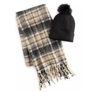 Madden Girl Pom Beanie And Sequin Embellished‎ Plaid Scarf Set MSRP$50 NWT